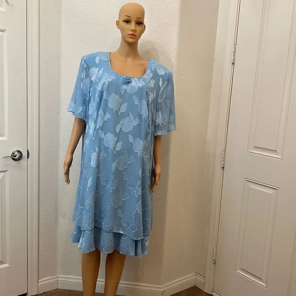 More Jazz Baby Blue  Dress Scoop Neck Short Sleeve Floral Appliqué Sheer Lined